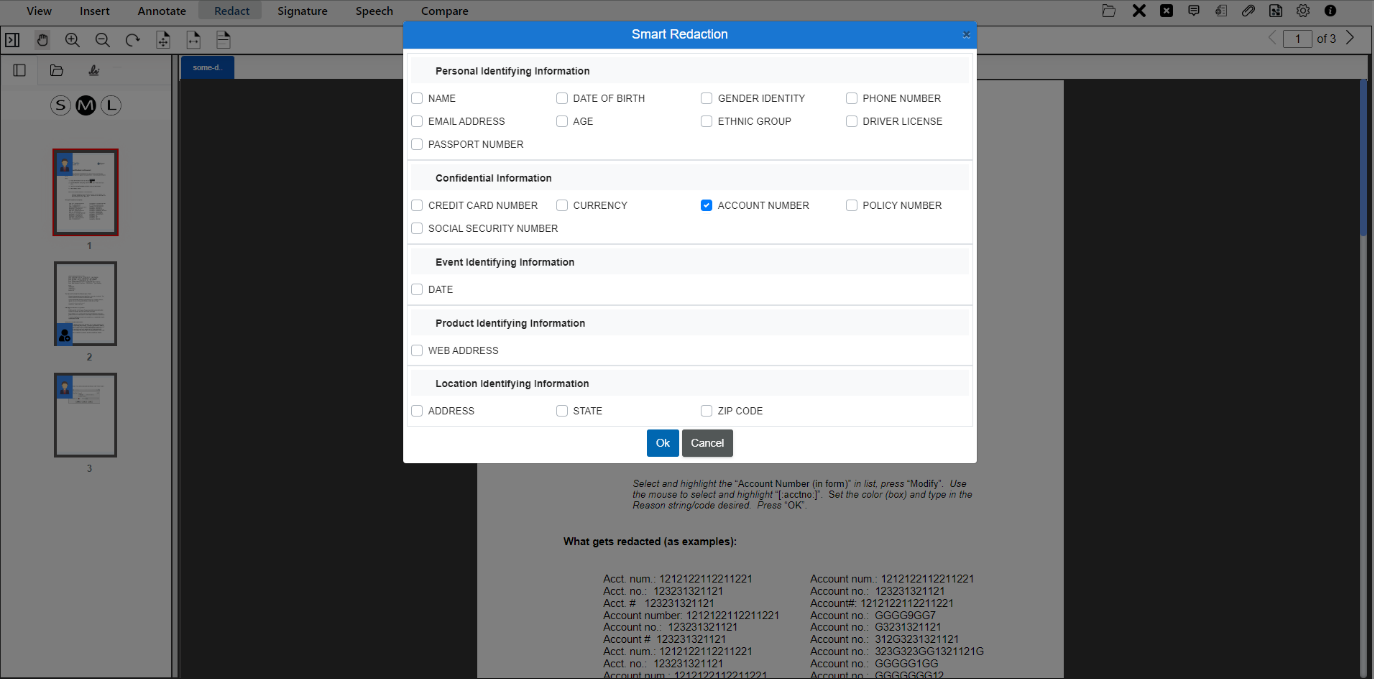 Choose from predefined data categories to redact