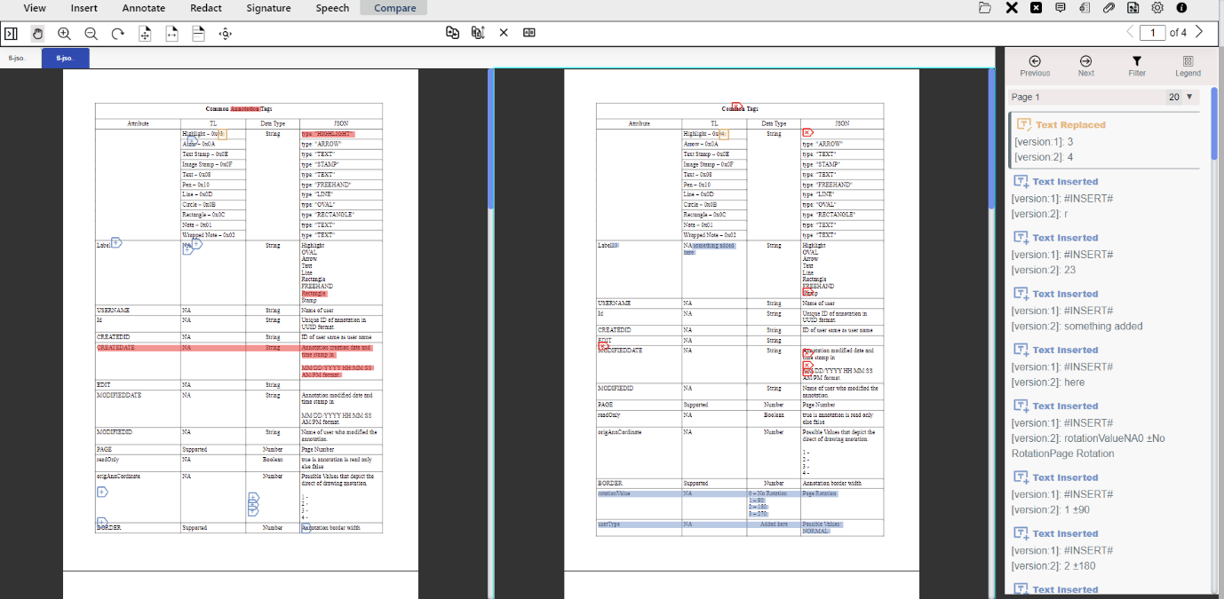 Comparison of documents side by side along with the comparison result