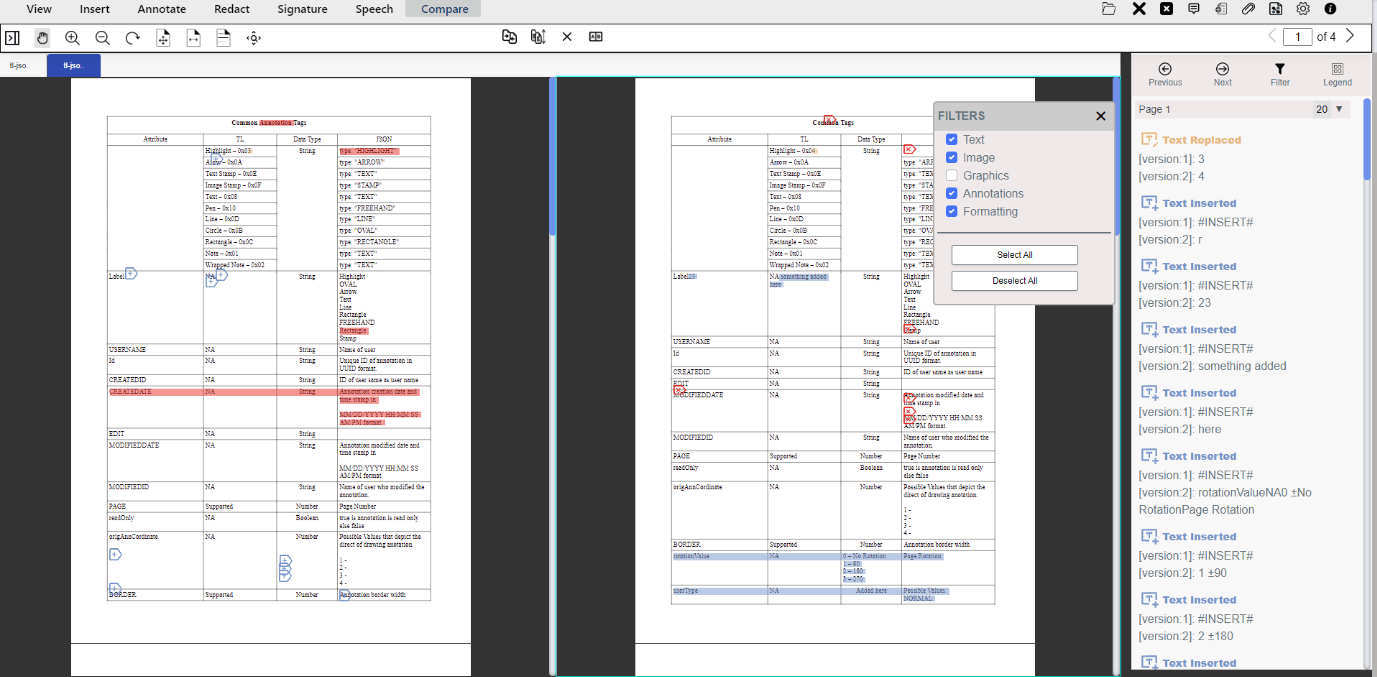 Highlighted differences based on the selected options