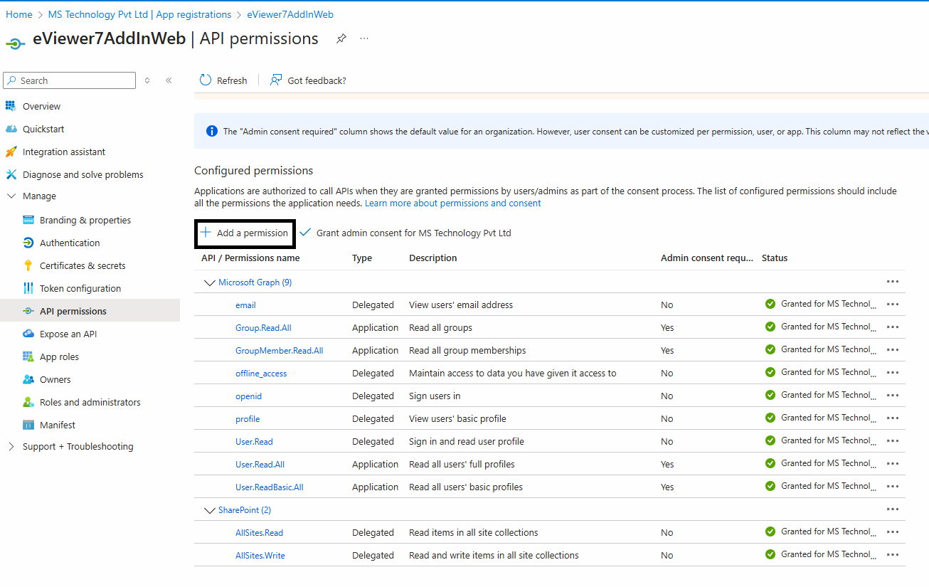 Click on Add a permission and select SharePoint