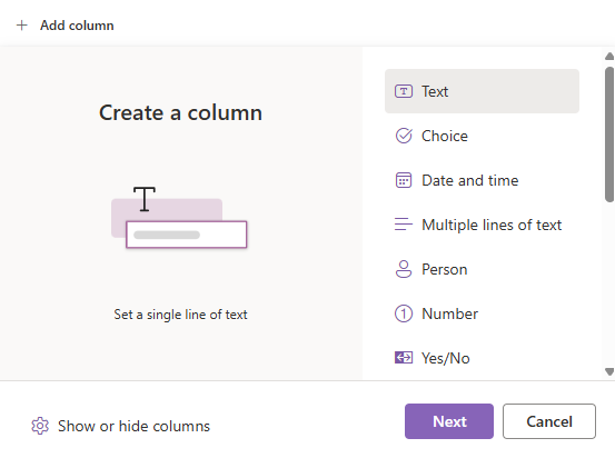 Click on Add column and select type Text and click Next