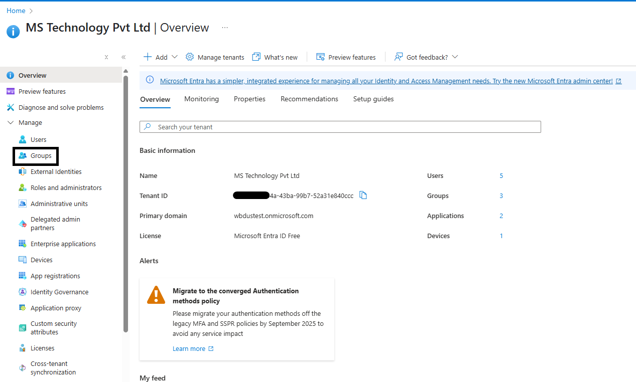 Navigate to Home then Tenant then Overview then Groups