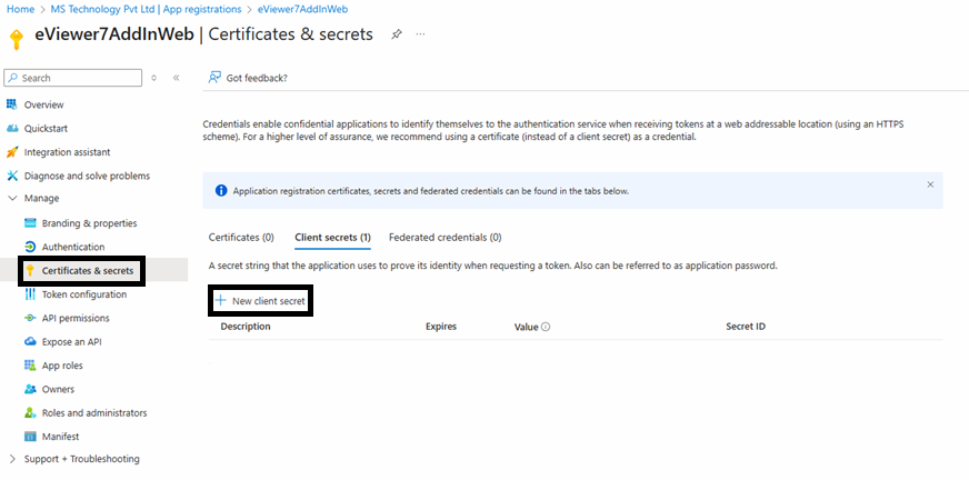 Proceed to Certificates and Secrets