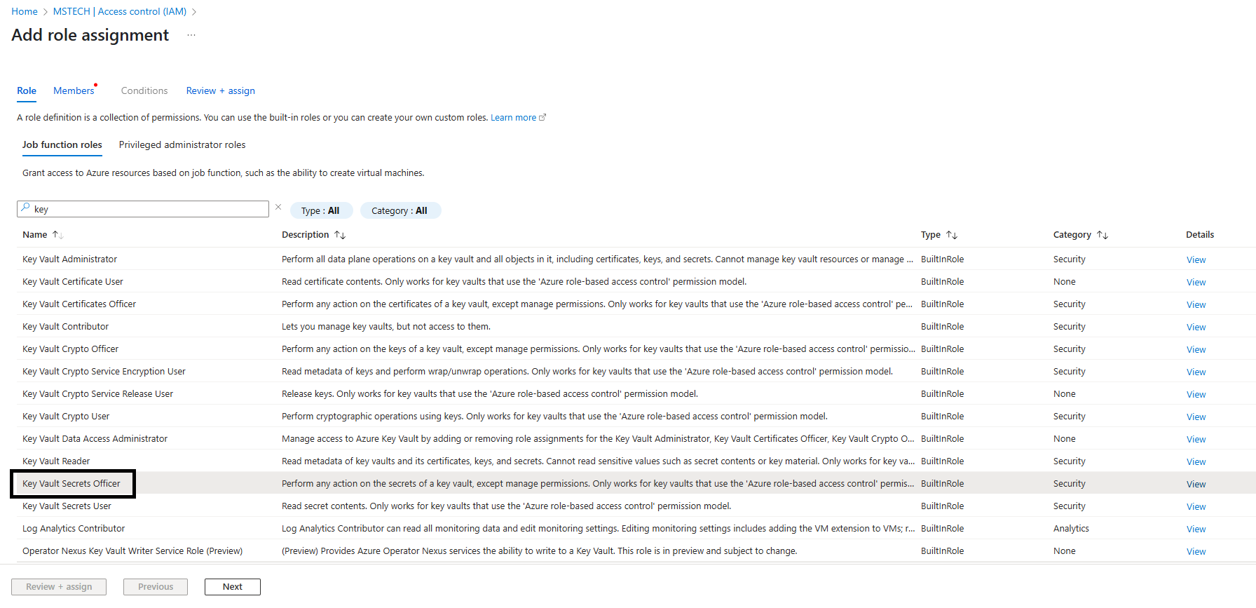 Select Key Vault Secrets Officer and click Next