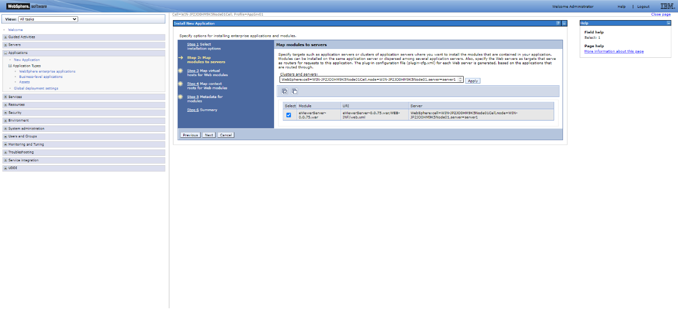 Select the checkbox for the eViewer WAR file
