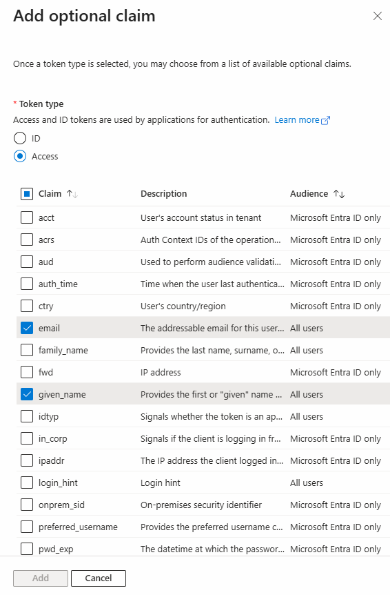 Select the token type as Access and choose the email and given name