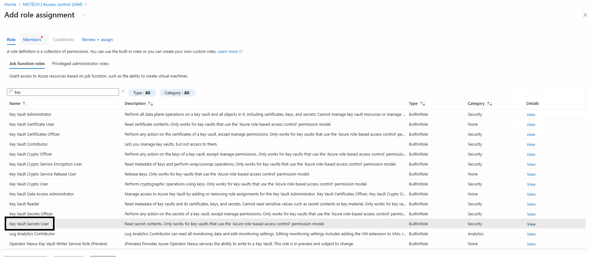 select Key Vault Secret User